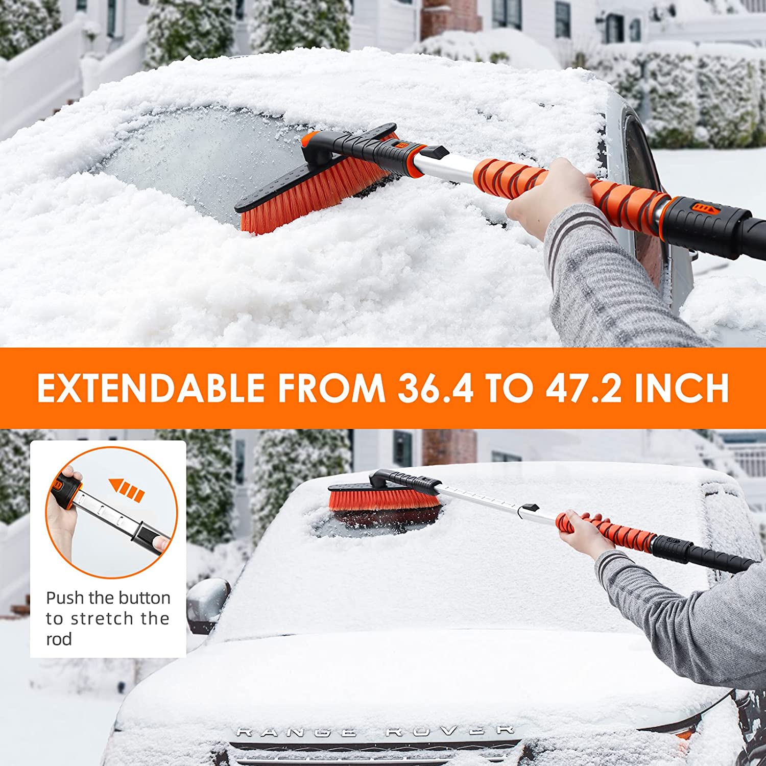 AstroAI Snow Brush and Extendable 47.2 Ice Scraper, Snow Broom with 360°  Pivoting Head and Foam Grip for Car, Orange 
